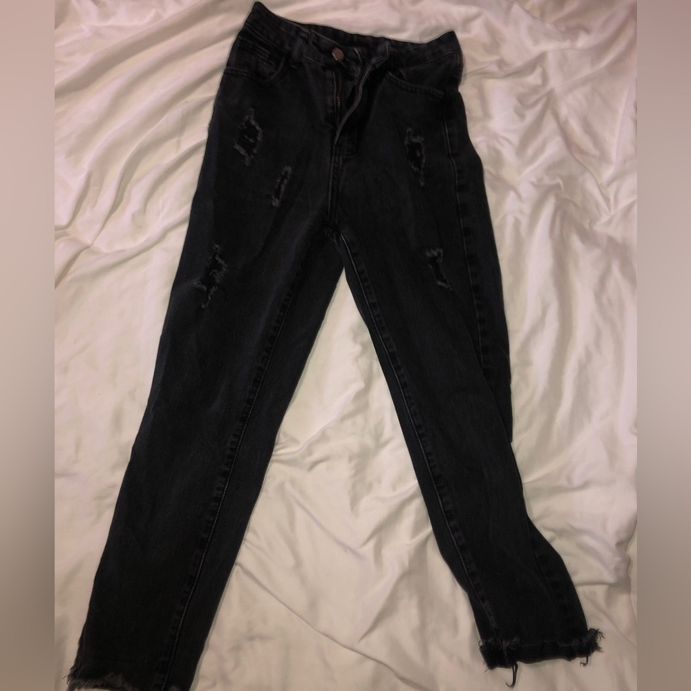 Charcoal black distressed mom jeans